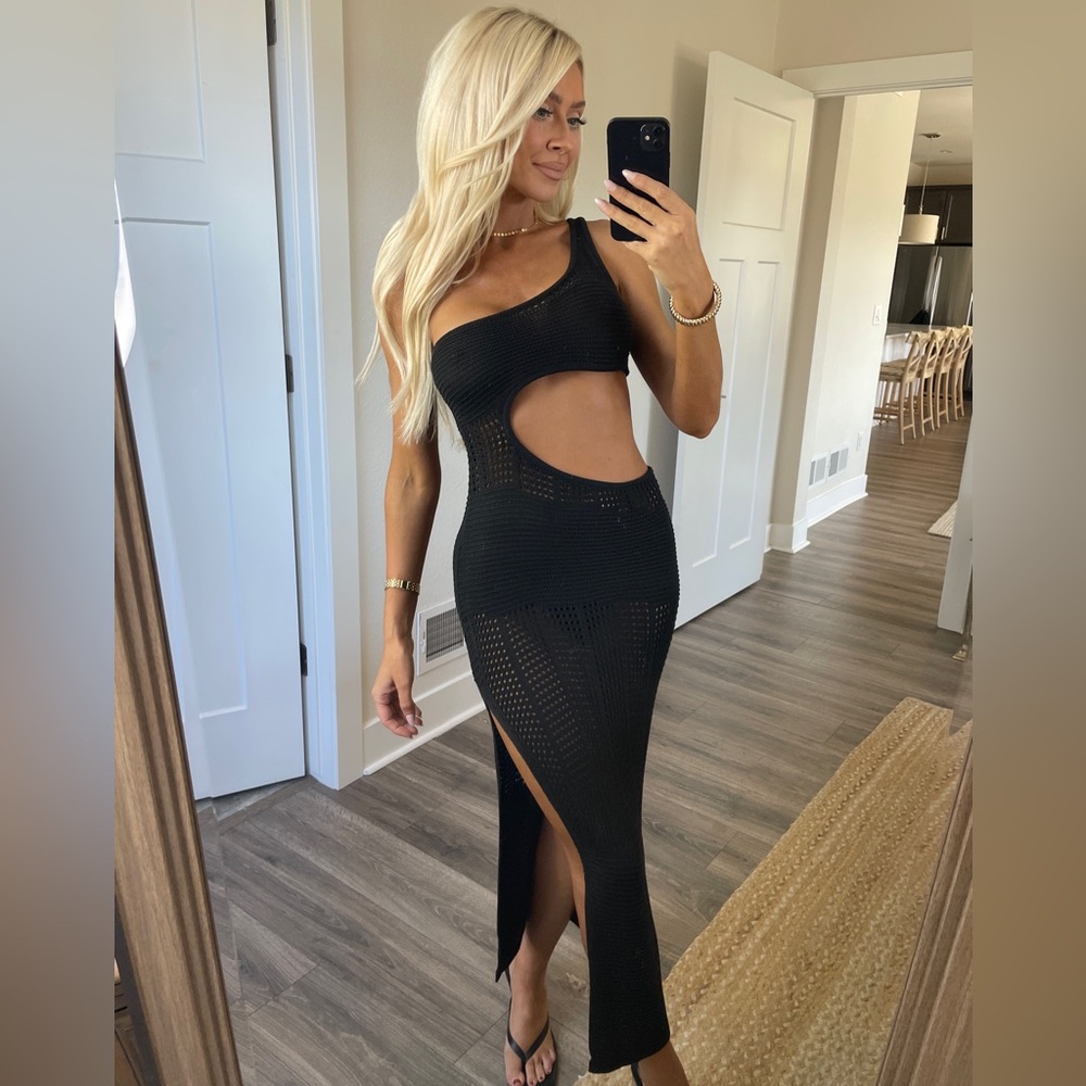 Black One-Shoulder Knit Maxi Dress swim cover